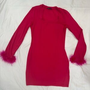 SHEIN Vibrant Pink Long Sleeve Dress with Feather Cuffs